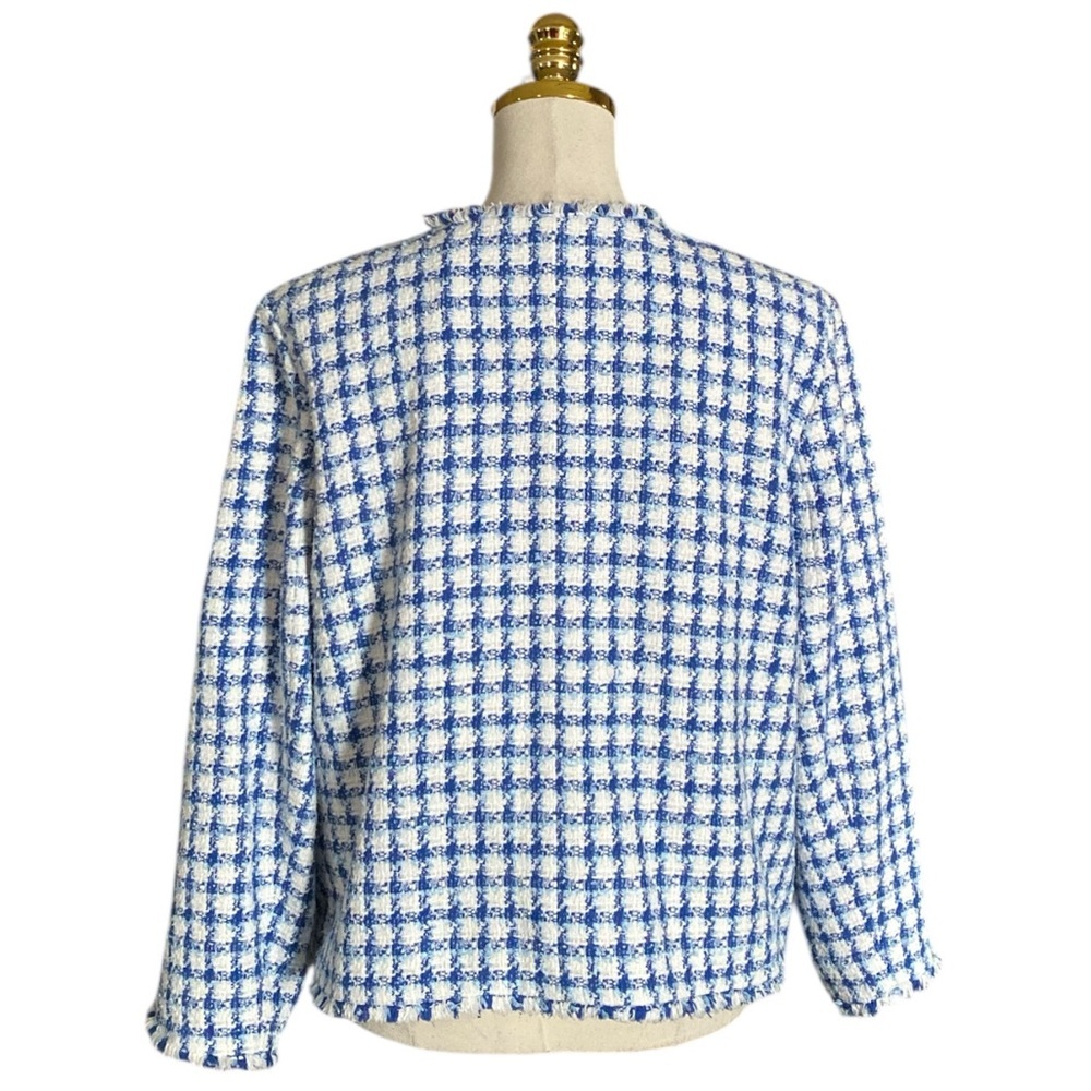 Ann Taylor Women Blue White Plaid Classic Tweed Fringe Trim Office Blazer Sz 16 - Picture 6 of 10